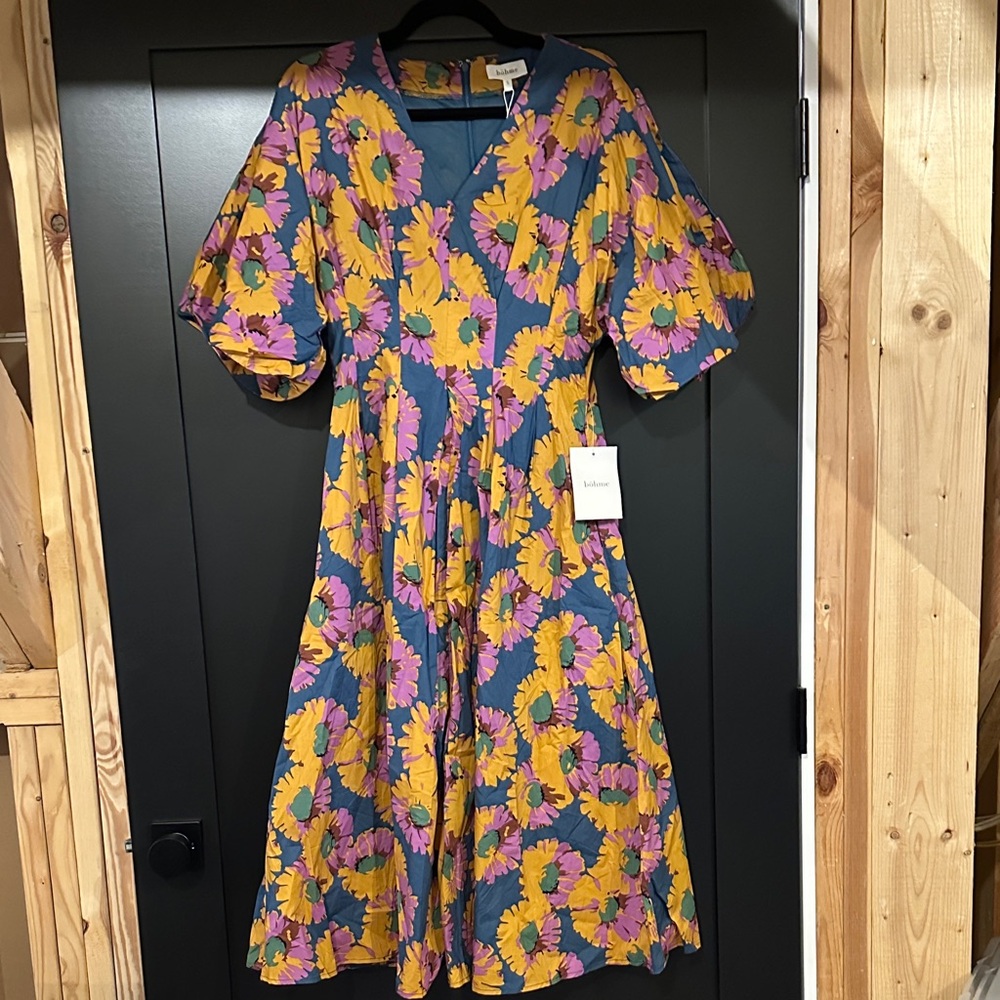 bohme Teal Midi Dress with Yellow & Pink Floral Motif